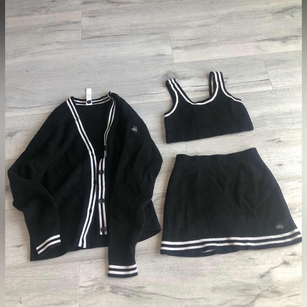 Alo Black Ribbed Knit Cardigan, Crop Top, and Skirt Set